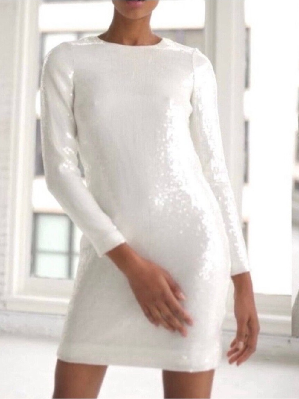 NWT Amsale Dress Clear Sequin Back-Tie Long Sleeve in Ivory